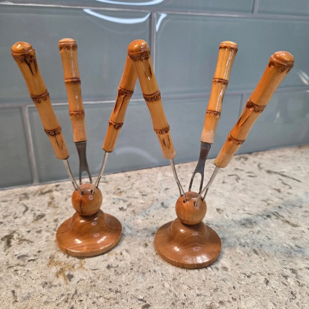Vintage Heinz Reiffig Leipzig Bamboo Style Cocktail Pick Set Wood Base 6 Forks